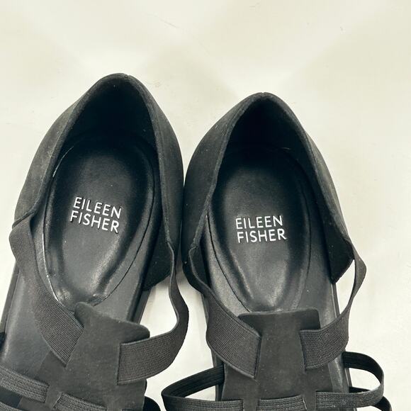 NWOT Eileen Fisher Rato Honey Leather Sandals 7.5 Flats Fisherman Black Travel - Picture 3 of 7